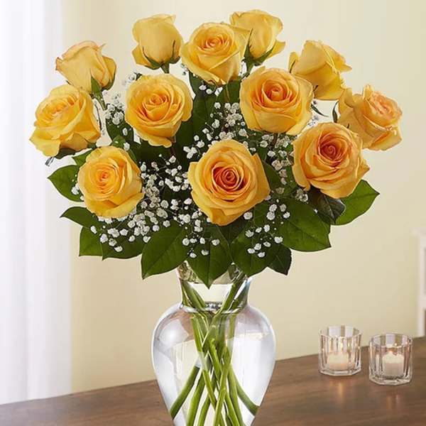 Yellow roses arranged in a clear glass vase with baby's breath