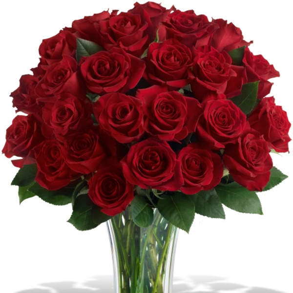 Bouquet of red roses in a clear glass vase