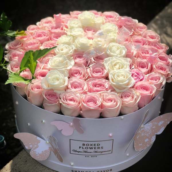Round box of pink and white roses with butterfly decorations