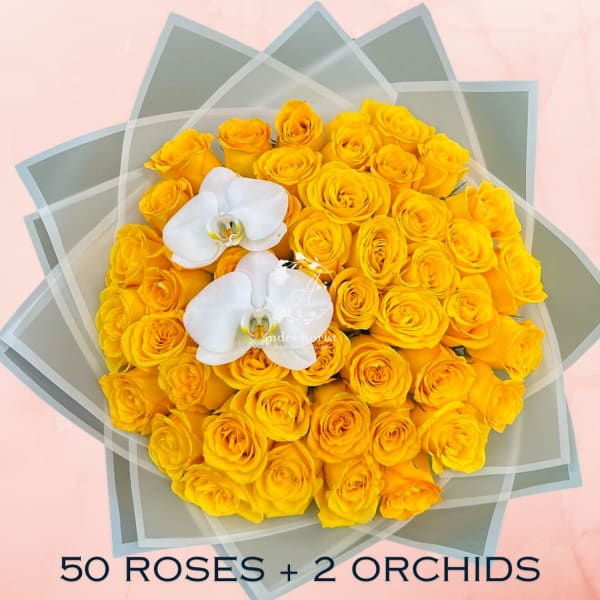 Bouquet of yellow roses with two white orchids