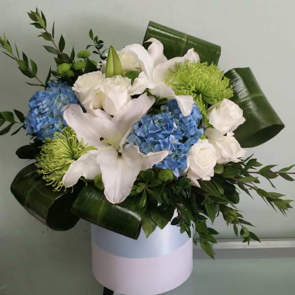 White lilies, blue hydrangeas, and green chrysanthemums in a round box