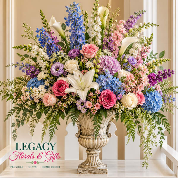 Large mixed floral arrangement in an ornate urn vase with roses, lilies, and blue blooms