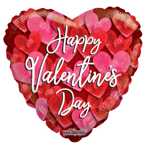 Heart-shaped Valentine’s Day balloon with pink and red hearts and text