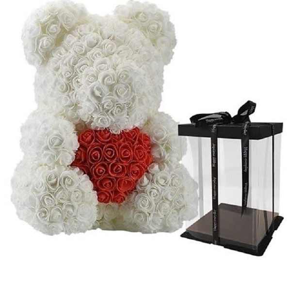 White rose teddy bear with a red heart and a clear gift box
