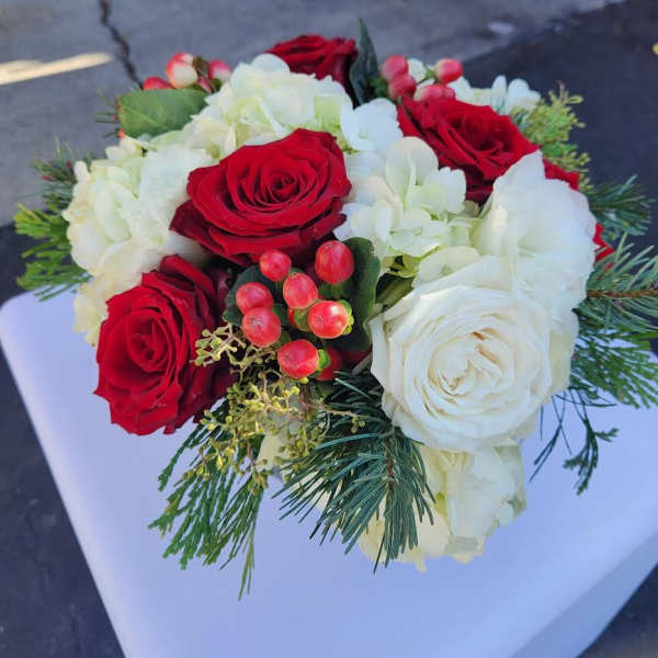 Low arrangement of red and white roses with white hydrangeas, berries, and evergreen accents