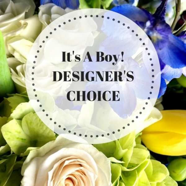 Mixed bouquet with white roses, blue flowers, and yellow tulips