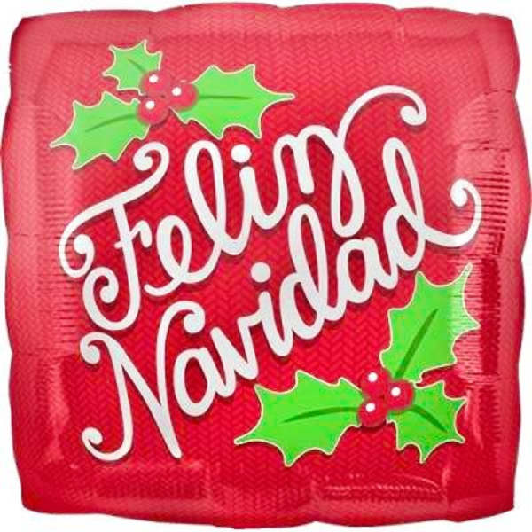Red balloon with white "Feliz Navidad" text and holly decorations