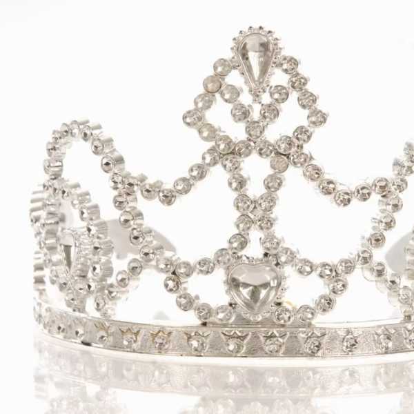 Silver jeweled tiara with clear rhinestones and heart accents