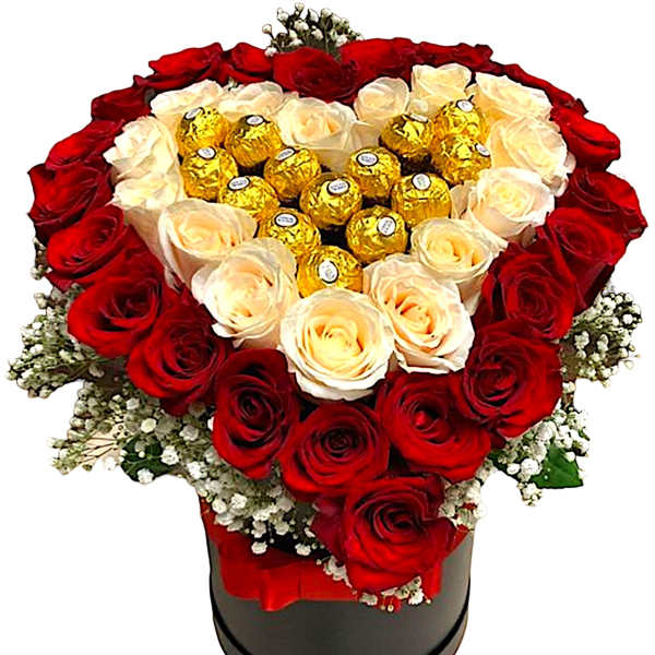 Heart-shaped rose arrangement with chocolates in a black box