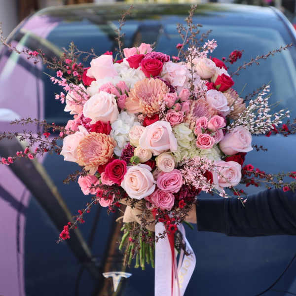 Large pink and white bouquet with roses and chrysanthemums