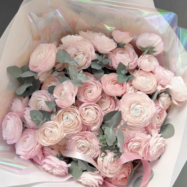 Bouquet of pale pink ranunculus with eucalyptus and pink ribbon