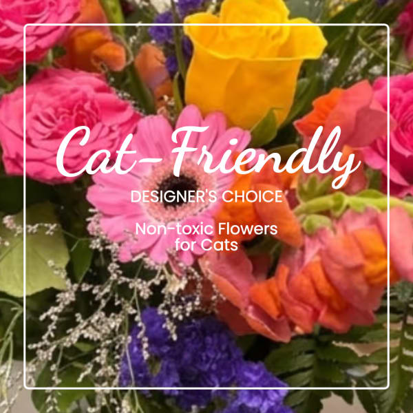 Colorful bouquet with pink, yellow, orange, and purple flowers