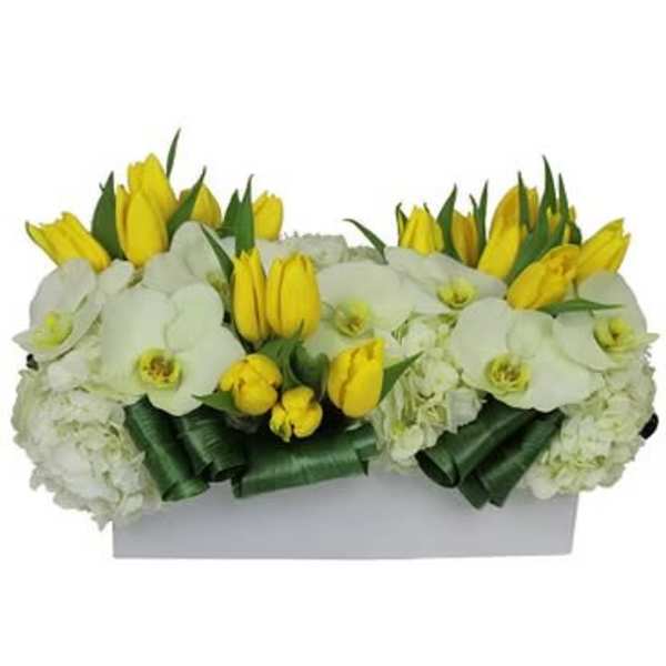 Yellow tulips and white orchids arranged in a white box