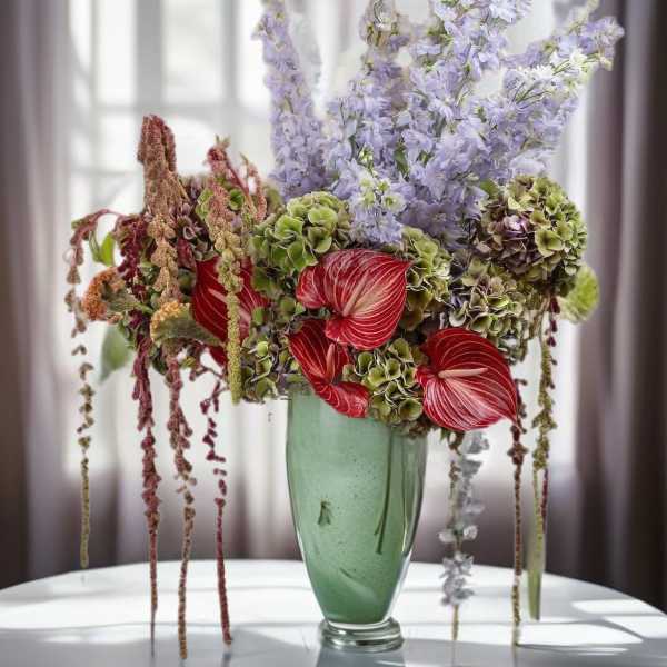 Tall floral arrangement in a green vase with red anthuriums and lavender blooms