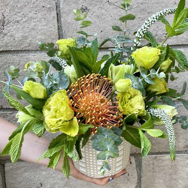 Yellow-green floral arrangement in a patterned ceramic pot