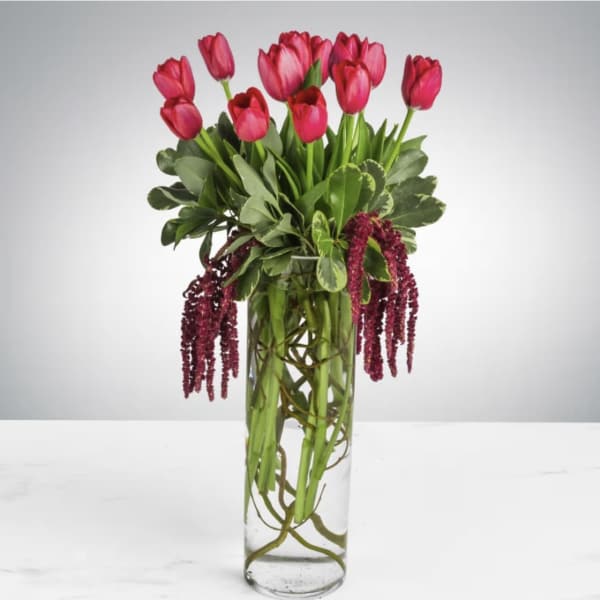 Pink tulips arranged in a tall glass vase with trailing burgundy accents