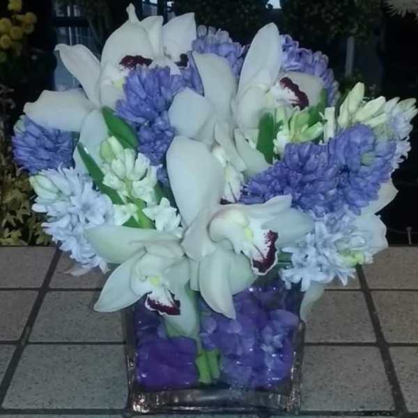 White orchids and purple flowers arranged in a square glass vase