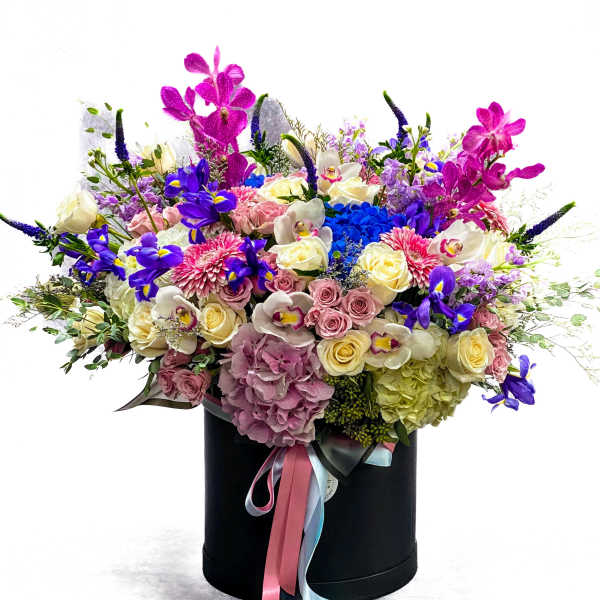 Large mixed bouquet in a black hatbox with pink and blue ribbons