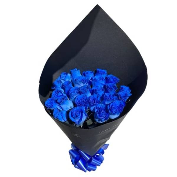 Bouquet of vivid blue roses wrapped in black paper with a matching blue ribbon