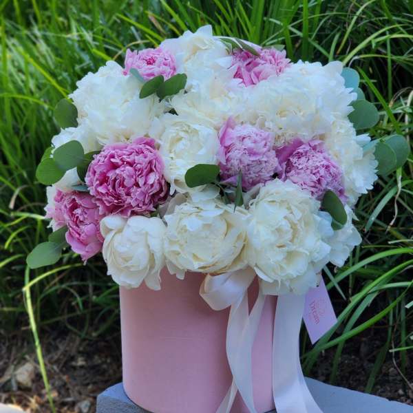 Pink and white peonies in a pink hatbox with ribbon