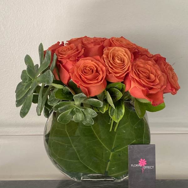 Orange roses arranged in a round glass vase with succulents