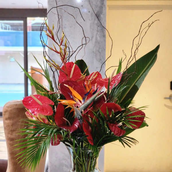 Tropical arrangement with red anthuriums and bird of paradise in a glass vase