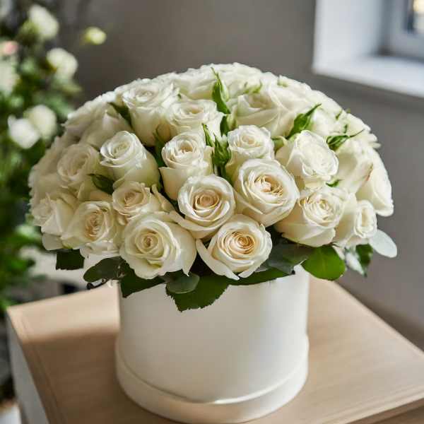 White rose bouquet in a round white box