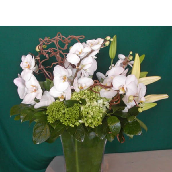 White orchids and lilies arranged in a clear glass vase