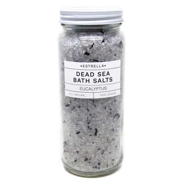 Glass jar of Estrella Dead Sea eucalyptus bath salts with white label