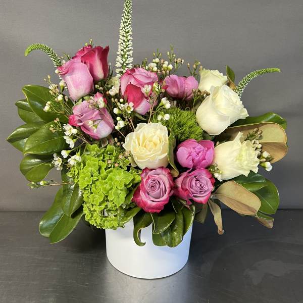 Pink and white roses arranged in a white box with greenery.