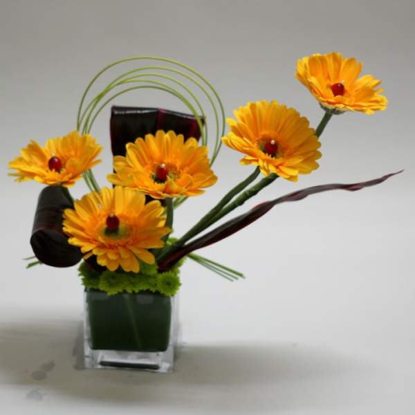 Orange gerbera daisies in a square glass vase with decorative loops
