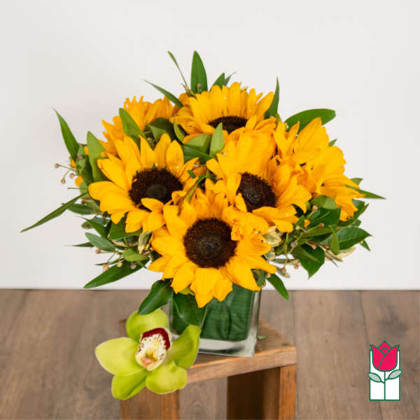 Sunflower bouquet in a glass vase with a green orchid bloom