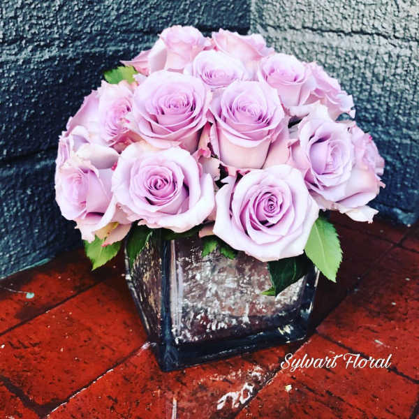 Bouquet of pale pink roses in a square glass vase
