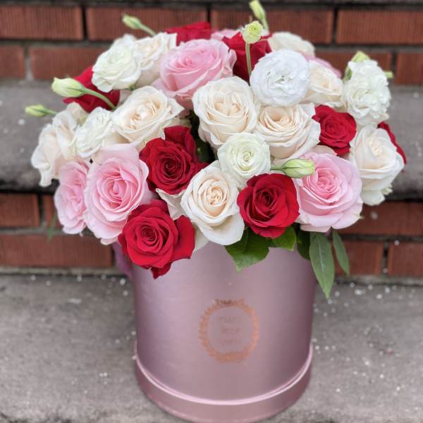 Pink, red, and white roses arranged in a pink round box