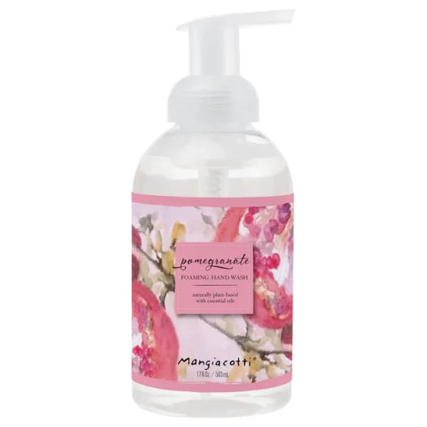 Bottle of pomegranate foaming hand wash with a floral label