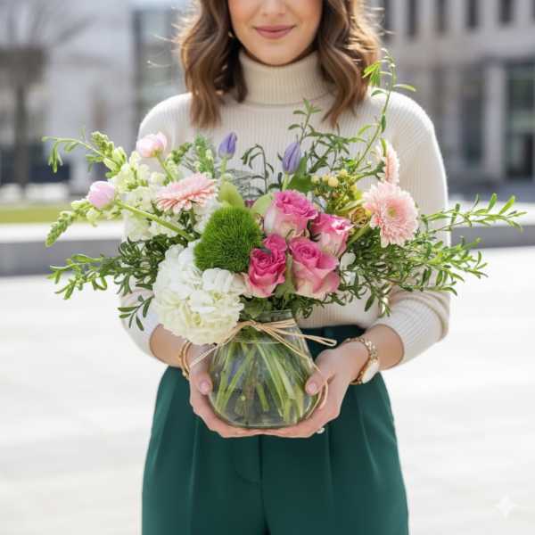 Woman holding a mixed bouquet in a glass vase