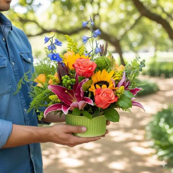 Colorful mixed bouquet in a green ceramic pot