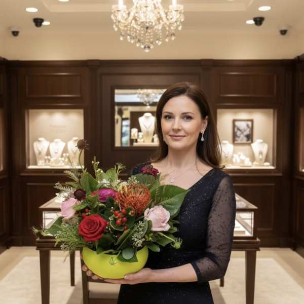 Woman holding a colorful flower arrangement in a yellow bowl