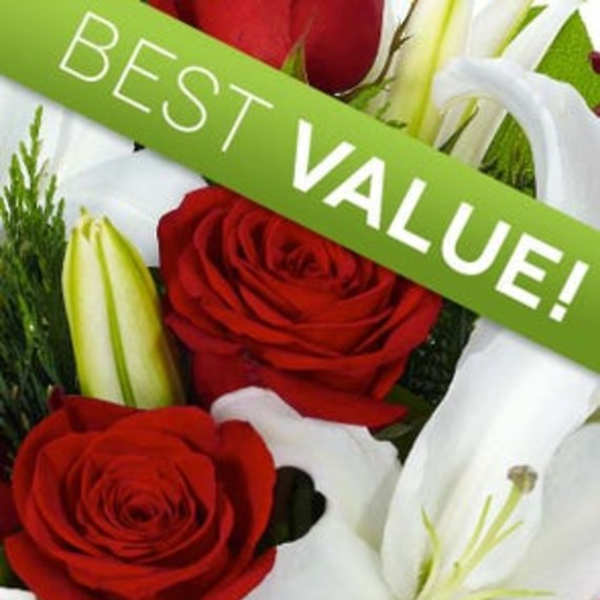 Red roses and white lilies with a green "BEST VALUE!" banner
