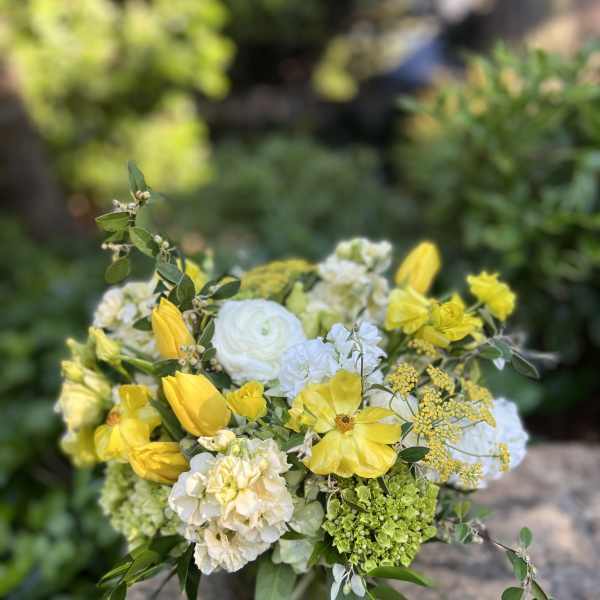 Yellow and white bouquet with tulips, ranunculus, and hydrangea