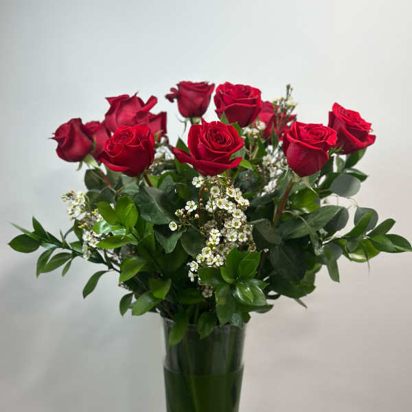 Red roses in a tall glass vase with white filler flowers