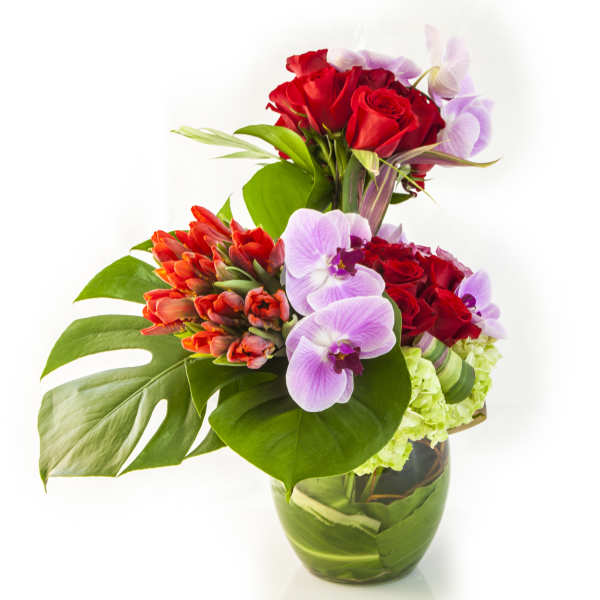 Bouquet of red roses, purple orchids, and orange tulips in a glass vase