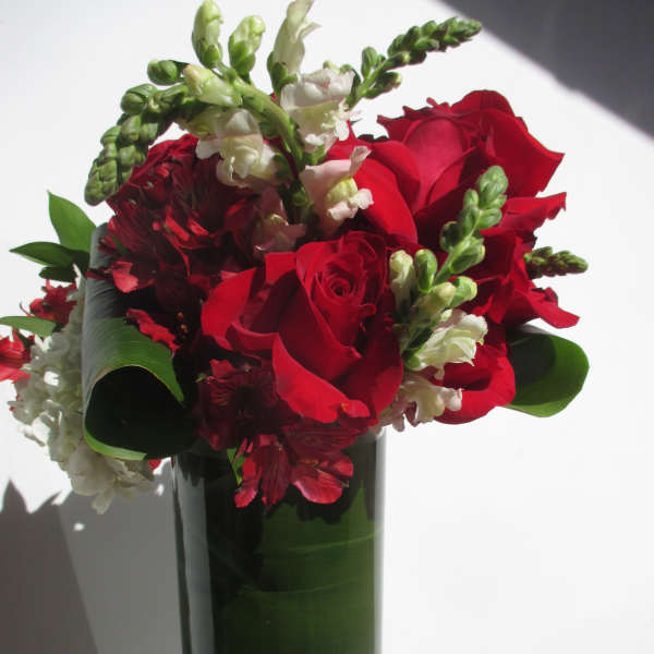 Tall glass cylinder of red roses and white snapdragons with green leaves lining the vase