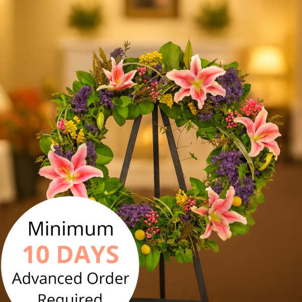 Standing wreath with pink lilies and mixed purple and yellow flowers on a black easel.
