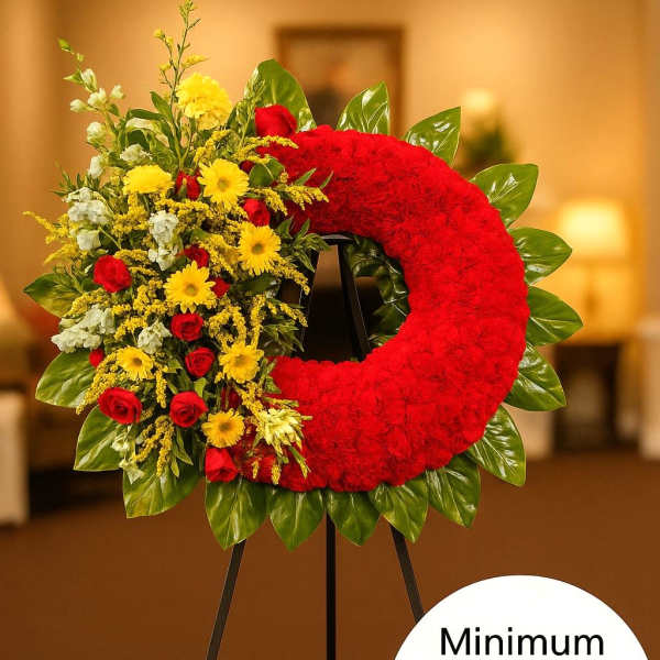 Standing red wreath with yellow and red flowers on one side, displayed on a black easel indoors