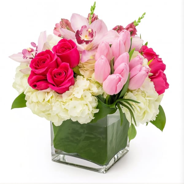 Pink roses and tulips in a square glass vase with white hydrangeas
