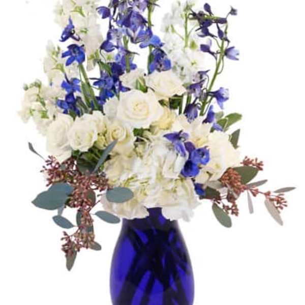 White and blue flowers arranged in a cobalt vase