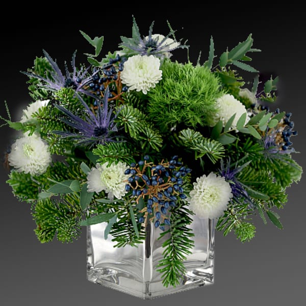 White chrysanthemums and blue thistle in a clear square vase
