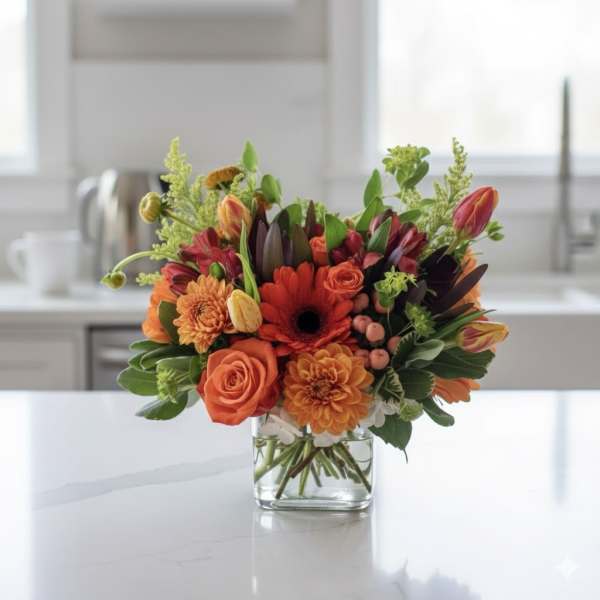 Orange and red mixed bouquet in a clear glass vase