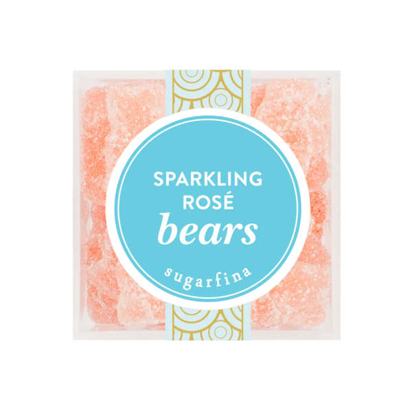 Box of sparkling rosé gummy bears with a blue label
